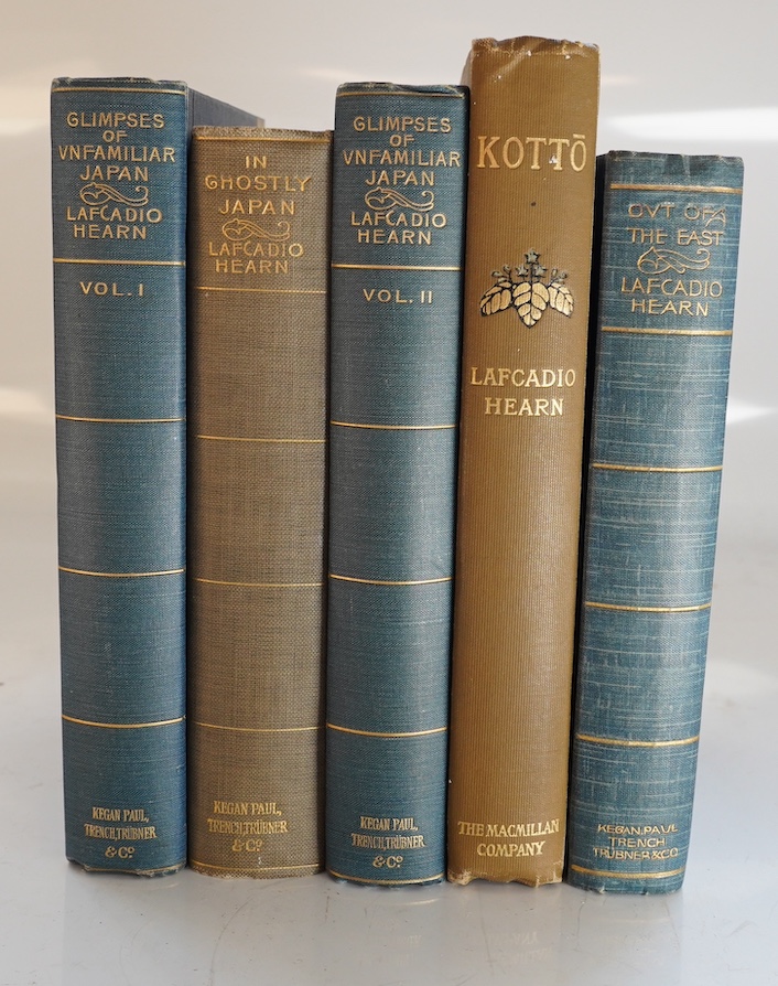 Hearn, Lafcadio - Glimpses of Unfamiliar Japan. 2 vols. publisher's gilt cloth with gilt tops. Kegan Paul (etc.), 1905; Hearn, Lafcadio - In Ghostly Japan. 4 plates and some text; publisher's gilt cloth with gilt top. Ke